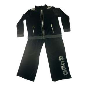 BCBGMAXAZRIA Embellished Velour Tracksuit Set Jacket & Pants Black 3X